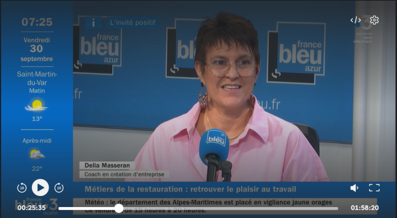 L'invité qui nous fait du bien, France Bleu Azur parle de Delia Masseran coach en business et organisatrice d'organisation pour les restaurants et les boulangeries.